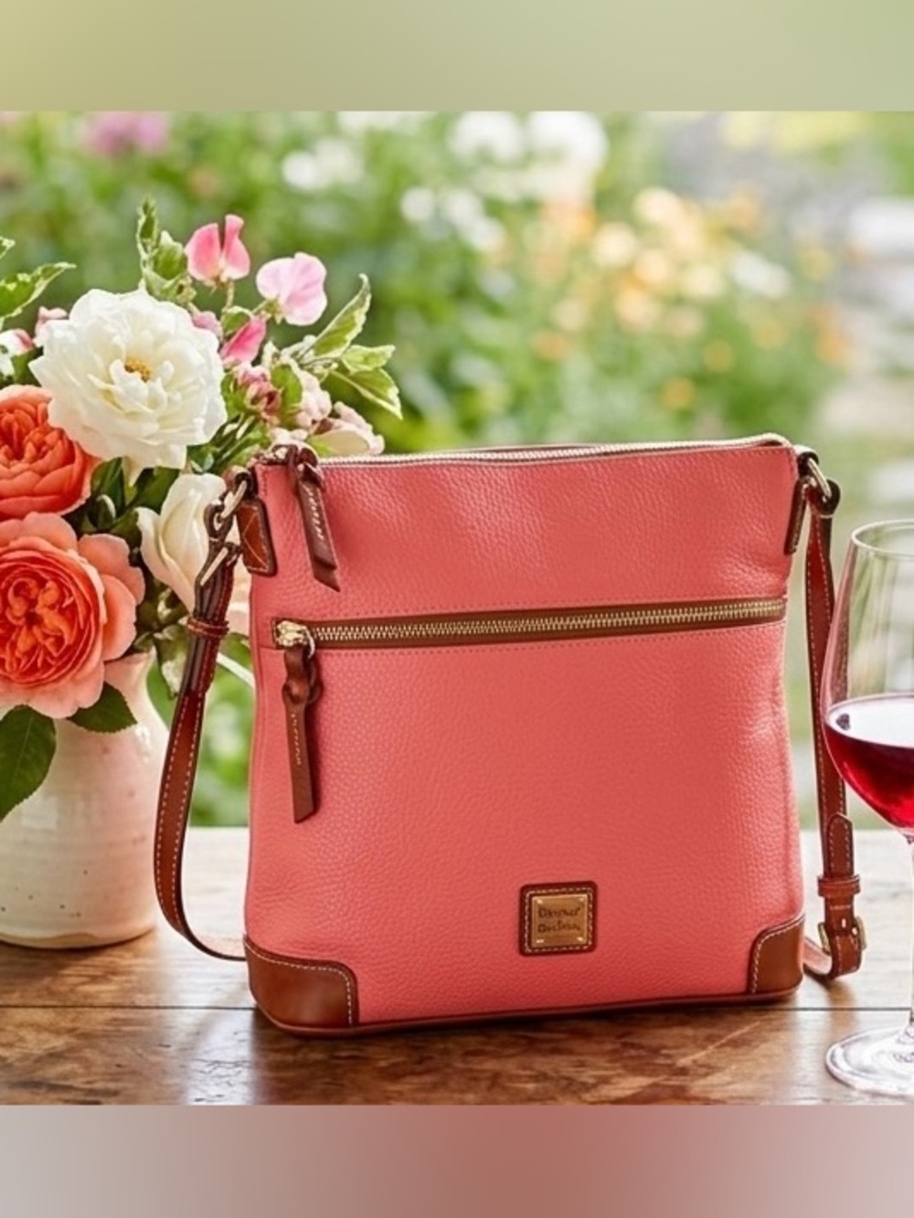 Dooney & Bourke Pink Pebble Grain Leather Crossbody Bag Brown Trim Corners